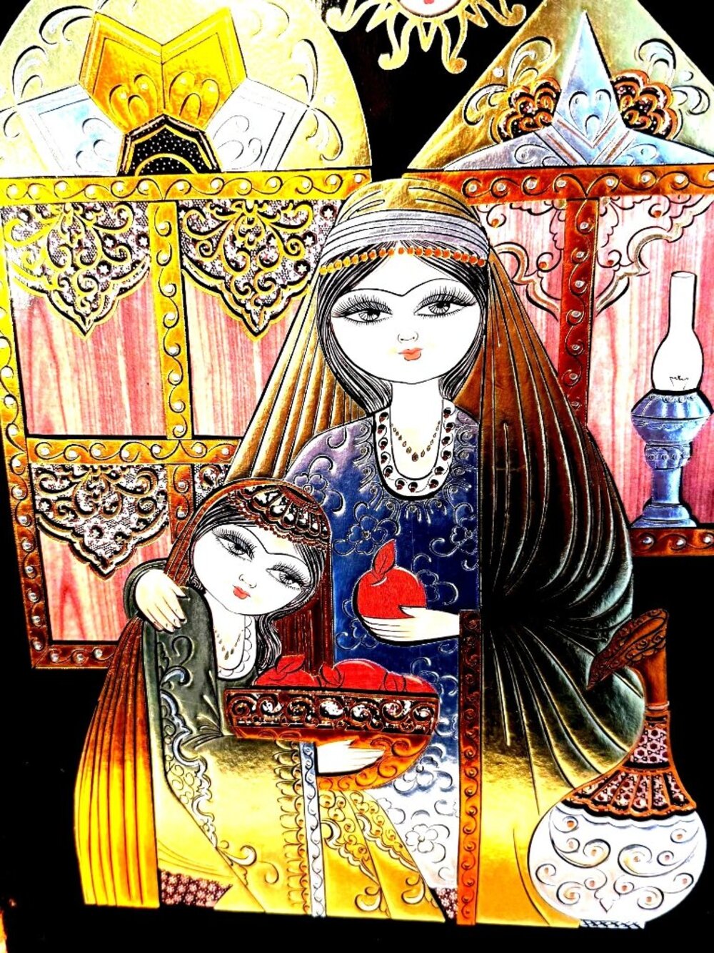 Persian Art Work Metal Framed Mother and Child With Apples
